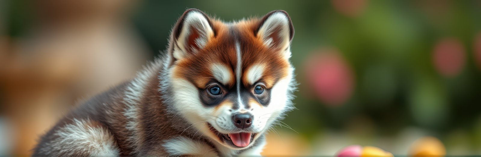 Playful puppy enjoying a sunny day in the garden with colorful flowers around